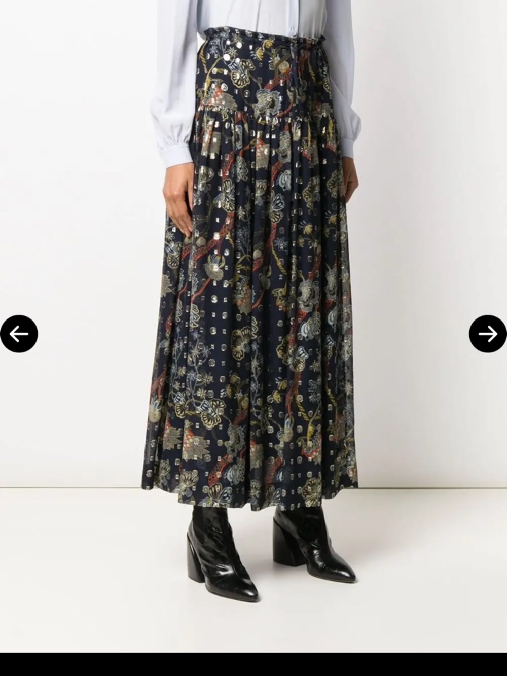 Chloé silk navy blue Maxi Skirt with Metallic Floral Accents 40 not worn
